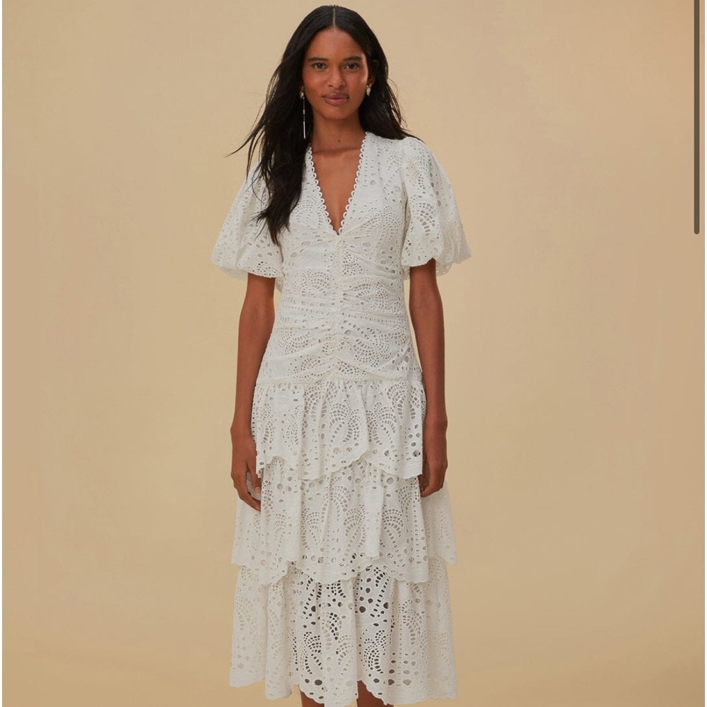 White Cotton Eyelet Puff Sleeve Midi Dress